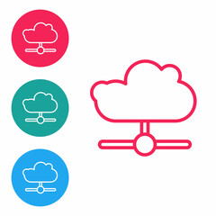 Red line Network cloud connection icon isolated on white background. Social technology. Cloud computing concept. Set icons in circle buttons. Vector