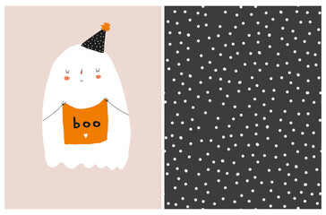 Funny Hand Drawn Halloween Vector Illustration. White Ghost Holding Hand Written Boo. Cute Little Ghost in a Black Party Hat Isolated on a Beige Background. Funny Halloween Print and Dotted Pattern.