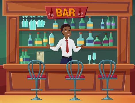 Welcome to bar, catering business service vector illustration. Cartoon man owner of bar shop, cafe or restaurant, standing behind wooden bar counter, alcohol drink bottles on shelves background