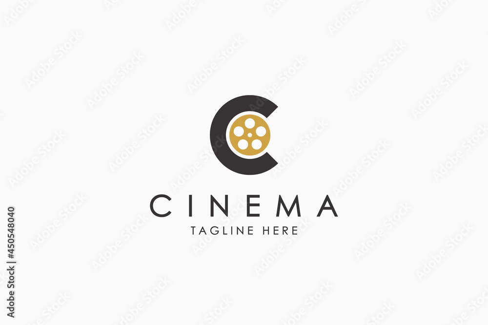 Poster simple cinema logo. geometric initial letter c with films roll inside isolated on white background. 