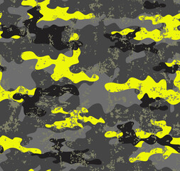 
Abstraction camouflage, yellow gray black pattern, fashionable clothing texture.