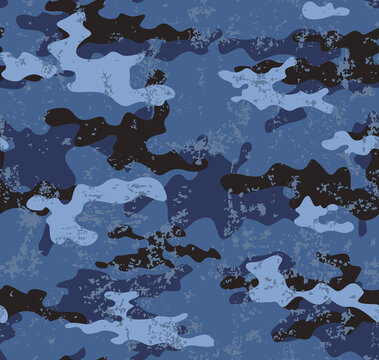 Blue Camo Vector Template, Dark Background On Textiles, Repeat Pattern.