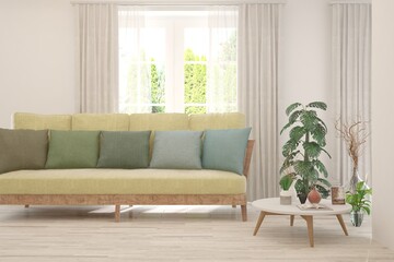 White living room with sofa and summer landscape in window. Scandinavian interior design. 3D illustration