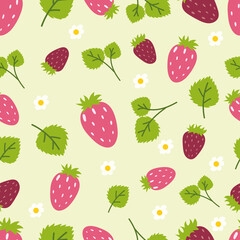 Strawberry seamless pattern with flowers and leafs on green pastel background. Hand drawn vector illustration