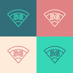Pop art line 5G new wireless internet wifi connection icon isolated on color background. Global network high speed connection data rate technology. Vector