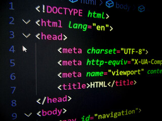 source code, programming language, markup language, html code on computer screen