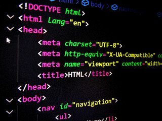 source code, programming language, markup language, html code on computer screen