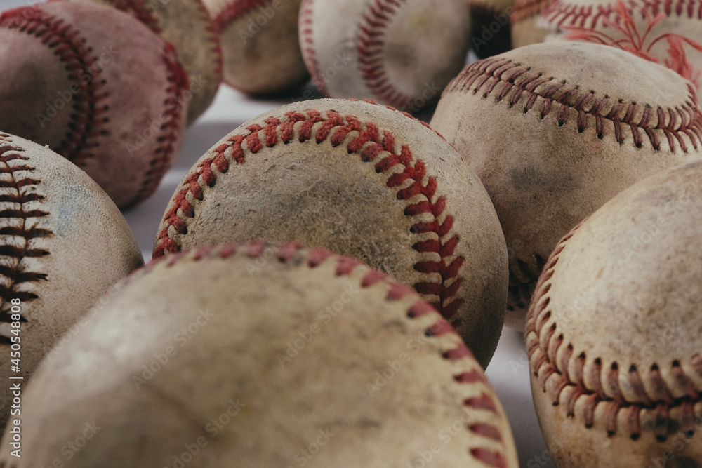 Sticker old vintage texture of used baseballs for sports game equipment background pattern. - Stickers