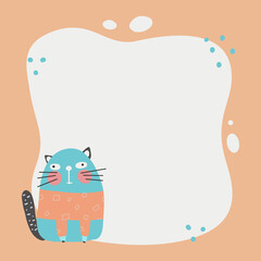 Cute cat with a blot frame in simple cartoon hand-drawn style. Template for your text or photo. Ideal for cards, invitations, party, kindergarten, preschool and children