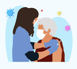 People and Doctor wearing Face Mask Fight Against Covid-19, Coronavirus Disease, Health Care and Safety. Сovid-19 mass vaccination. Doctors and nurses with syringe in hand. Kids vaccination.	