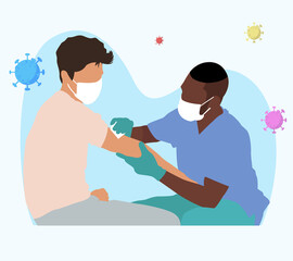 People and Doctor wearing Face Mask Fight Against Covid-19, Coronavirus Disease, Health Care and Safety. Сovid-19 mass vaccination. Doctors and nurses with syringe in hand. Kids vaccination.	