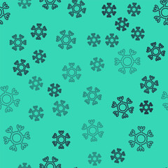 Black line Snowflake icon isolated seamless pattern on green background. Vector