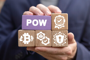 Concept of POW Proof Of Work. POW transaction computing blockchain algorithm.