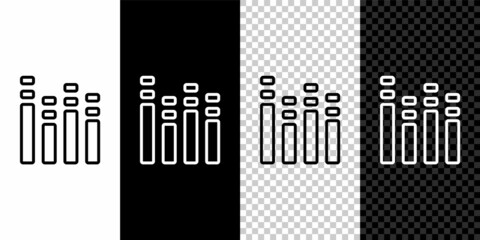 Set line Music equalizer icon isolated on black and white background. Sound wave. Audio digital equalizer technology, console panel, pulse musical. Vector