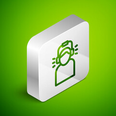 Isometric line Man in headphones icon isolated on green background. Silver square button. Vector