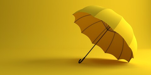 A yellow umbrella on a yellow background with a place for text. Minimal 3d illustration