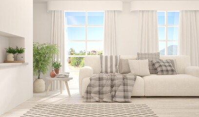 Minimalist living room in white color with sofa and summer landscape in window. Scandinavian interior design. 3D illustration