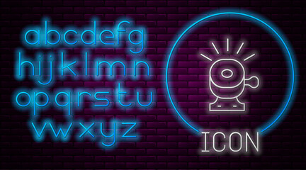Glowing neon line Bicycle bell icon isolated on brick wall background. Neon light alphabet. Vector