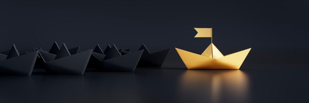 Group of black paper boats with golden leader on dark background	