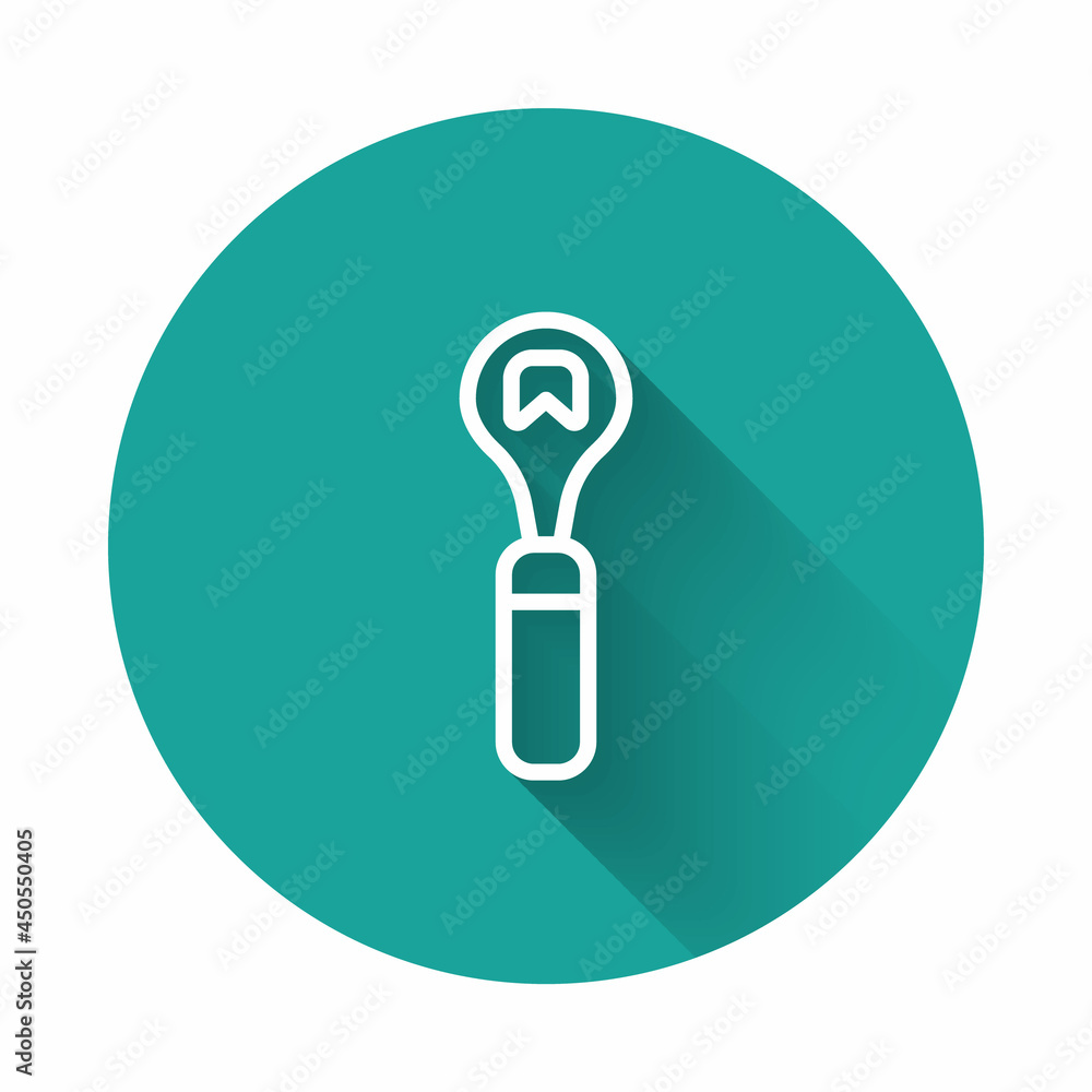Poster white line bottle opener icon isolated with long shadow background. green circle button. vector
