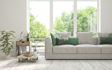 White living room with sofa and summer landscape in window. Scandinavian interior design. 3D illustration