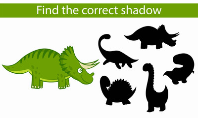 Dinosaurs. Find the correct shadow. Educational game. Vector cartoon.