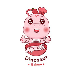 Cute dinosaur chef cooking cake. bakery logo cartoon.