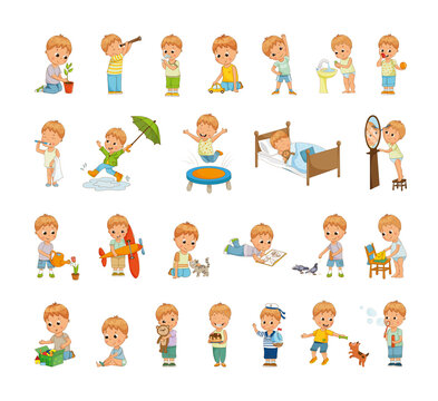 Collection of cartoon illustrations with children's performing different actions. Colorful kid character.