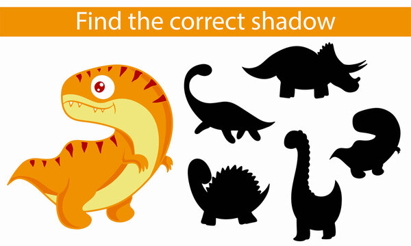 Dinosaurs. Find the correct shadow. Educational game. Vector cartoon.