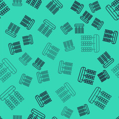 Black line Cereals set with rice, wheat, corn, oats, rye, barley icon isolated seamless pattern on green background. Ears of wheat bread symbols. Vector