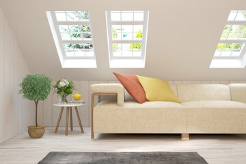 White living room with sofa and summer landscape in window. Scandinavian interior design. 3D illustration