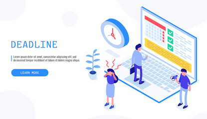 Project planning, deadline and time management concept. Business team working. Vector 3d isometric illustration.