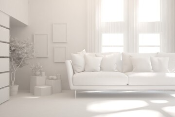 White minimalist living room with sofa. Scandinavian interior design. 3D illustration