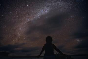 Silhouette in the night under starry sky and Milky Way