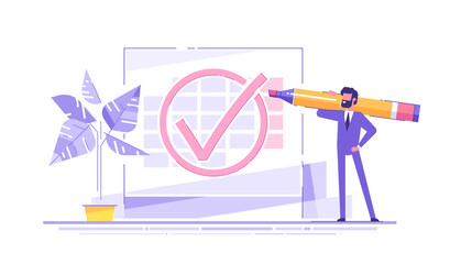 Handsome businessman stands near big schedule with huge check mark on it and holds big marker on his shoulder. Concept done job, finished project, completed work. Time management. Modern vector.