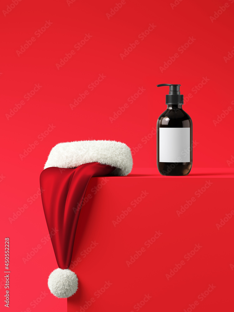 Poster minimal product background for christmas and winter holiday concept. santa hat with red podium on re