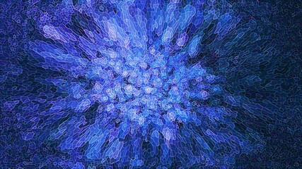 Extruded abstract 3D rendering blue background, wallpaper.  Abstract pattern of blue crystal from many thin plates made up from multicolor lighting line.