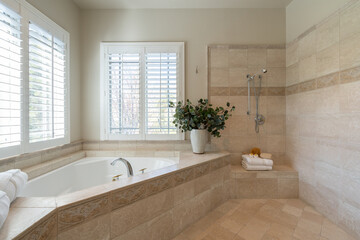 Large bathroom shower and soaking bathtub with window light and neutral tones.