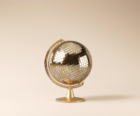 Minimal copy space for Christmas, New year and holiday season. Globe with golden mirror ball on beige background. 3d render illustration. Clipping path of each element included.