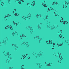 Black line Hand with smoking cigarette icon isolated seamless pattern on green background. Tobacco sign. Vector
