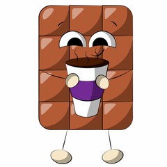 Cute cartoon Chocolate Character with coffee. Draw illustration in color