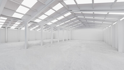 White warehouse background with a concrete floor in perspective view. 3D illustration rendering.