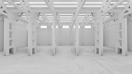 White warehouse background with a concrete floor in perspective view. 3D illustration rendering.
