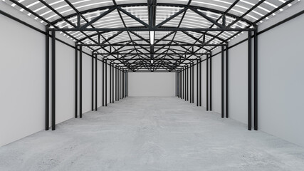 Black White warehouse background with a concrete floor in perspective view. 3D illustration rendering.