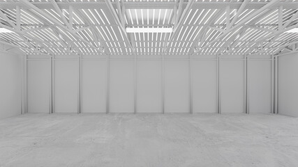 White warehouse background with a concrete floor in perspective view. 3D illustration rendering.