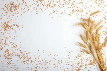 Spikelets of wheat and grains on a light background