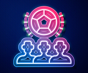 Glowing neon line Soccer football ball icon isolated on blue background. Sport equipment. Vector