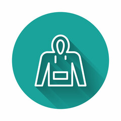 White line Hoodie icon isolated with long shadow background. Hooded sweatshirt. Green circle button. Vector
