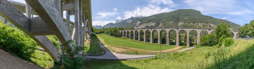 View of the Crozet railway viaduct and Crozet motorway viaduct in Isère. City of Vif.