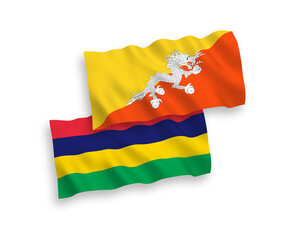 Flags of Kingdom of Bhutan and Republic of Mauritius on a white background